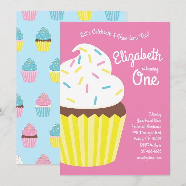 Invitation Cute Cupcakes Enfants 1er anniversaire (Devant / Derrière)