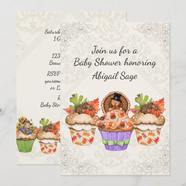 Invitation Cute Cupcakes Thanksgiving Baby shower d'automne I (Devant / Derrière)