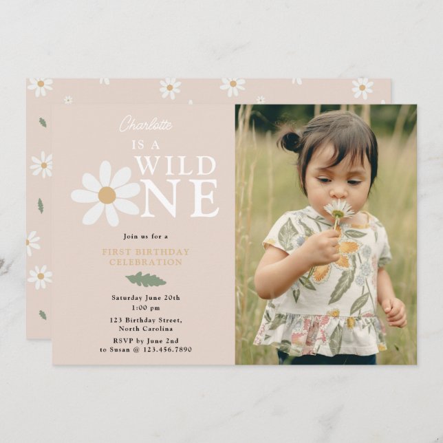 Invitation Cute Daisy Flower 1er Anniversaire Fille Wild One  (Devant / Derrière)