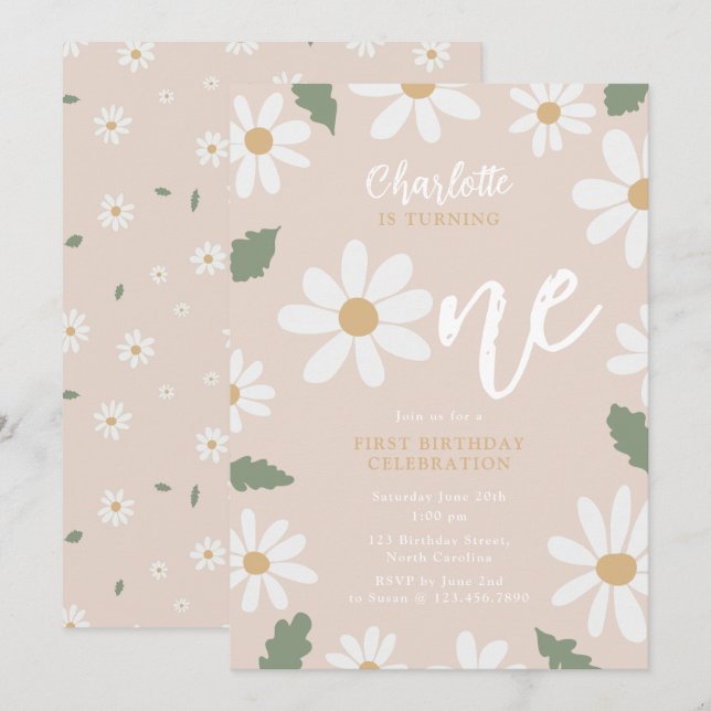 Invitation Cute Daisy Flower 1st Birthday Girl Pink (Devant / Derrière)