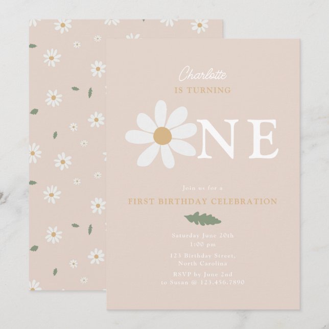 Invitation Cute Daisy Flower 1st Birthday Girl Pink (Devant / Derrière)