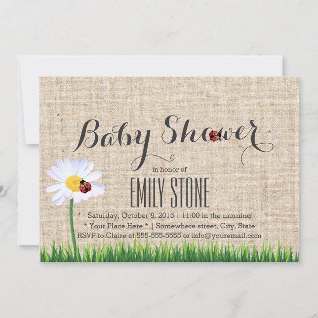 Invitation Cute Daisy & Ladybugs Baby shower Burlap (Devant)