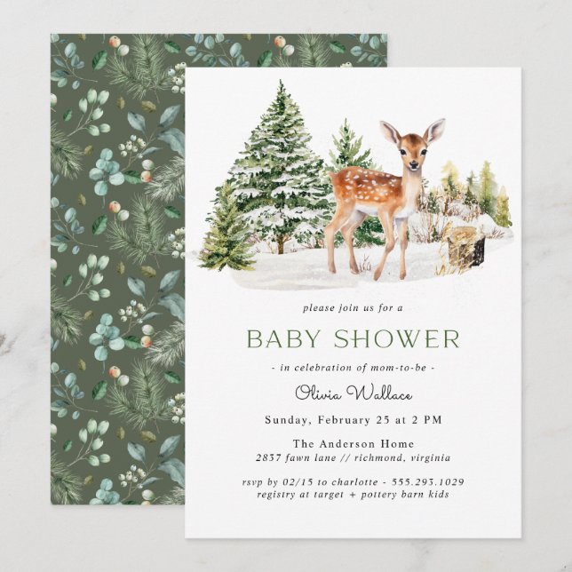 Invitation Cute Deer Fawn | Baby shower d'hiver rustique neut (Devant / Derrière)