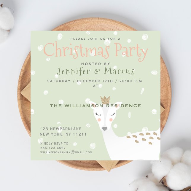 Invitation Cute Deer | Fête de Noël verte Sage (Créateur téléchargé)