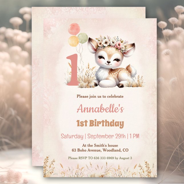 Invitation Cute Deer Woodland Boho Girl 1er anniversaire (Cute Deer Woodland Boho Girl 1st Birthday Invitation)