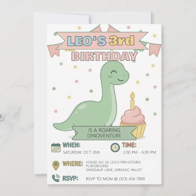 Invitation Cute Dinosaur 3rd Birthday Party Boy (Devant)