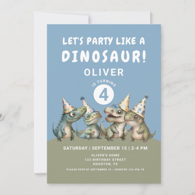 Invitation Cute Dinosaur 4e fête d'anniversaire (Devant)
