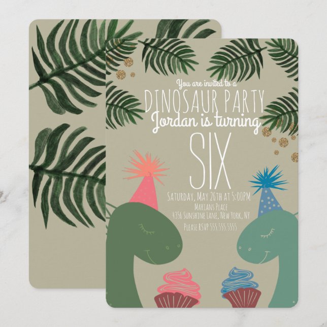 Invitation Cute Dinosaur Anniversaire Cupcakes Glittler Confe (Devant / Derrière)