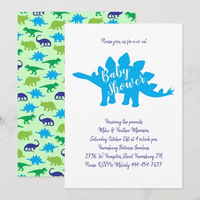Invitation Cute Dinosaur Baby shower Stegosaurus Blue Boy (Devant / Derrière)
