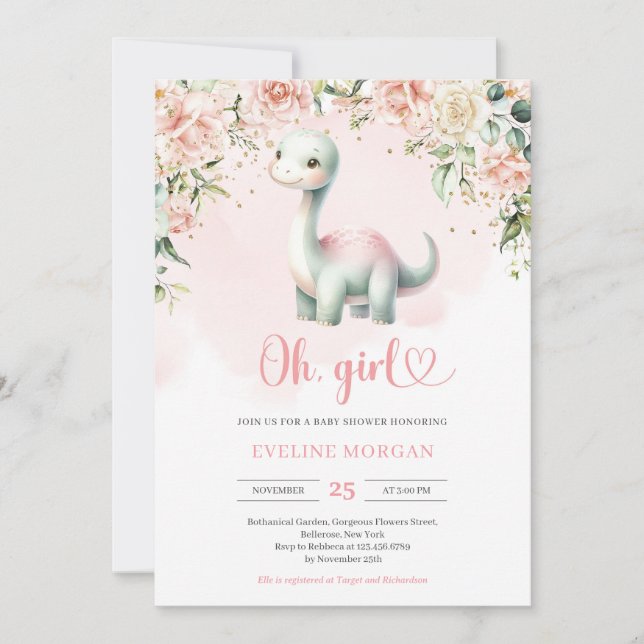Invitation Cute Dinosaur C'est un Baby shower floral fille (Devant)