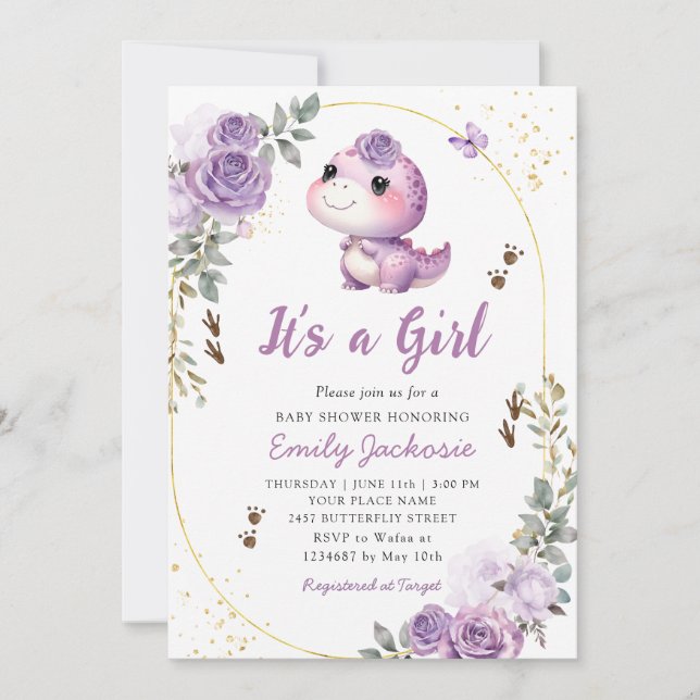 Invitation Cute Dinosaur C'est un Baby shower Floral Girl Boh (Devant)
