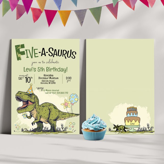Invitation Cute Dinosaur Cinq-A-Saurus 5e fête d'anniversaire (Cute Dino Cartoon T-Rex Dinosaur theme Five-A-Saurus Fifth 5th birthday party invitation, green, boy)
