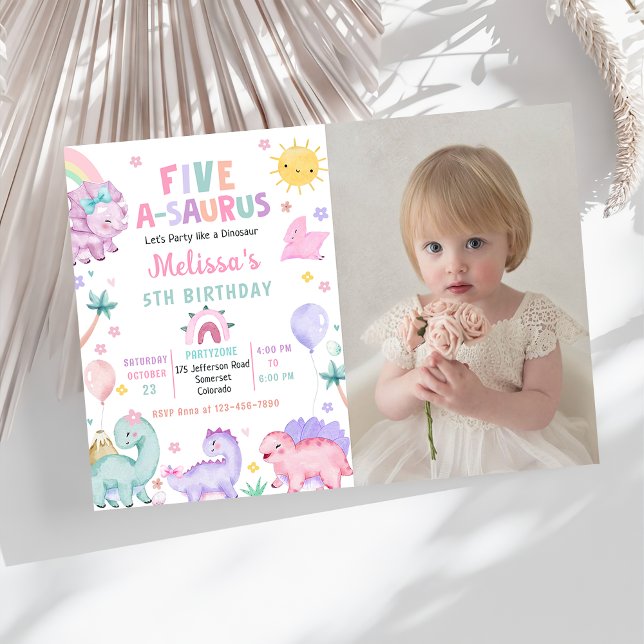 Invitation Cute Dinosaur Cinq-A-Saurus 5ème anniversaire Phot (Créateur téléchargé)