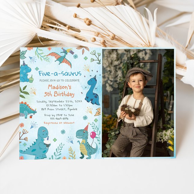 Invitation Cute Dinosaur Cinq-A-Saurus 5ème anniversaire Phot (Créateur téléchargé)