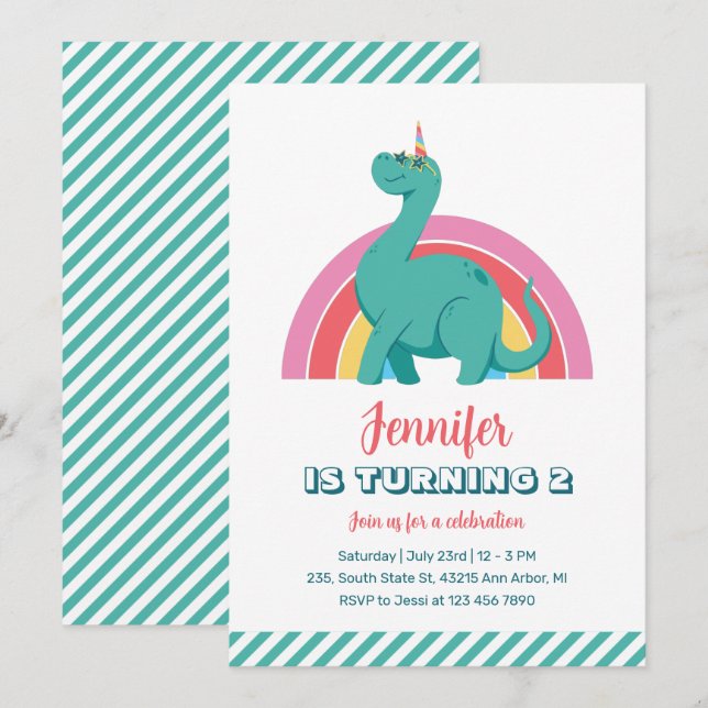 Invitation Cute Dinosaur et Rainbow Kids Dino Anniversaire (Devant / Derrière)