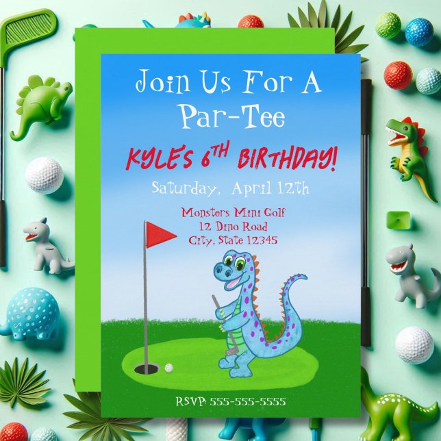 Invitation Cute Dinosaur Golf Thème 6ème anniversaire (Créateur téléchargé)