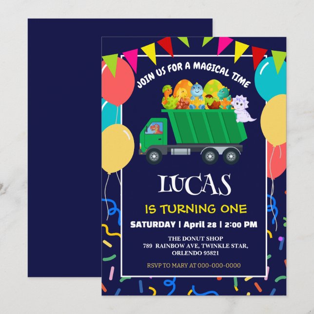 Invitation Cute Dinosaur Green camion à ordures enfant enfant (Devant / Derrière)