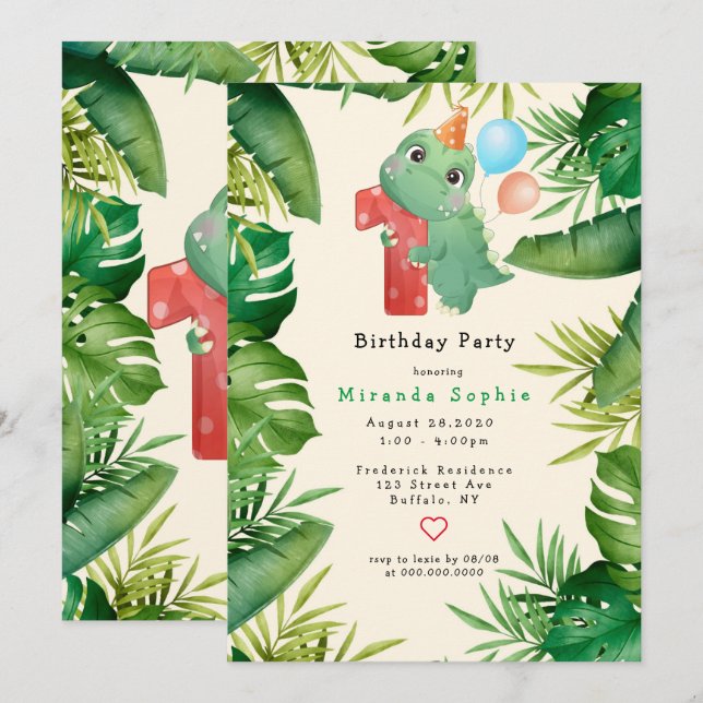 Invitation Cute Dinosaur Green Feuilles 1er anniversaire (Devant / Derrière)