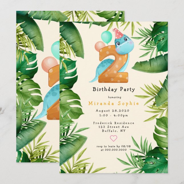 Invitation Cute Dinosaur Green Feuilles 2e fête d'anniversair (Devant / Derrière)