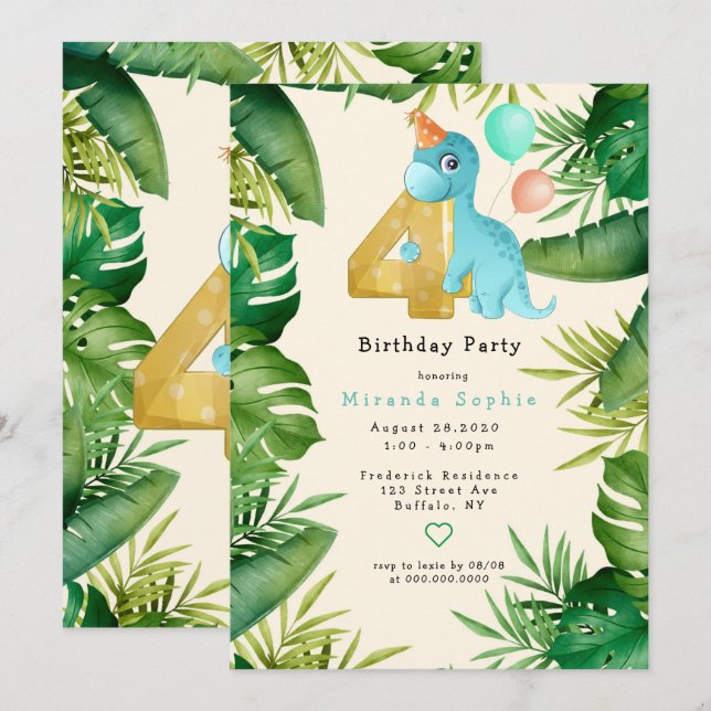 Invitation Cute Dinosaur Green Feuilles 4ème anniversaire (Devant / Derrière)
