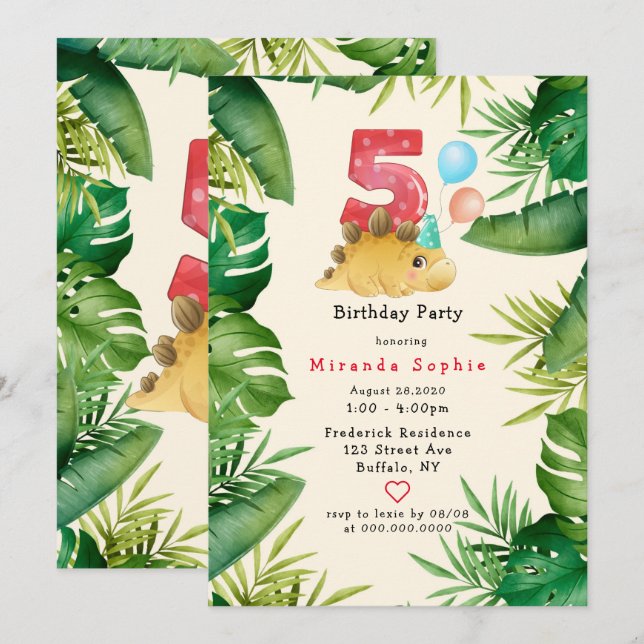 Invitation Cute Dinosaur Green Feuilles 5ème anniversaire (Devant / Derrière)