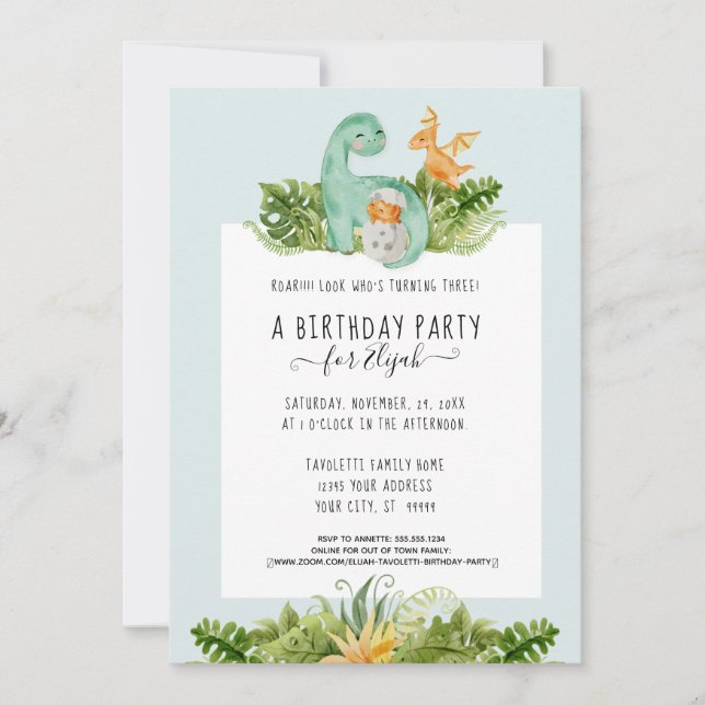Invitation Cute Dinosaur Jungle Foliage fête d'anniversaire g (Devant)