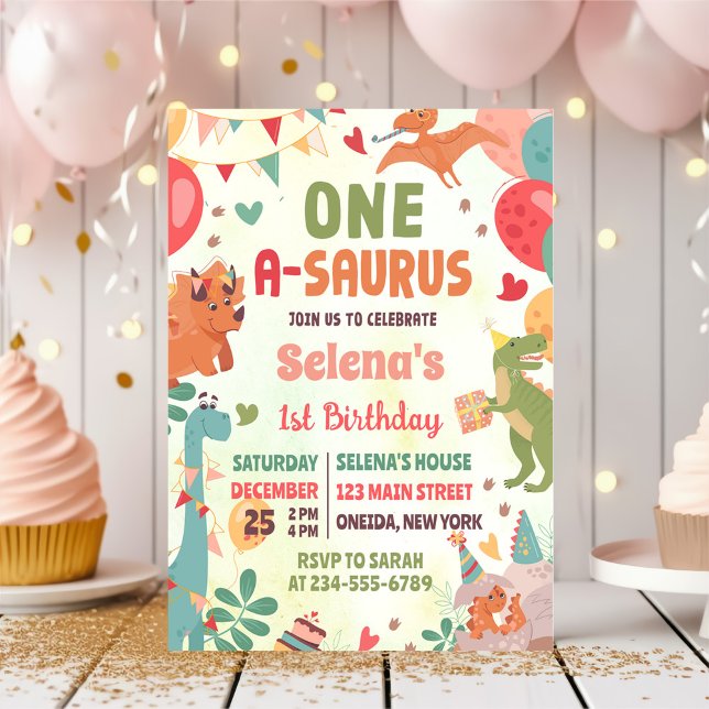 Invitation Cute Dinosaur One-A-Saurus 1er anniversaire (Créateur téléchargé)