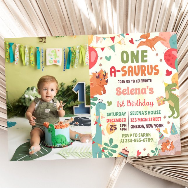 Invitation Cute Dinosaur One-A-Saurus 1er Anniversaire Photo (Créateur téléchargé)