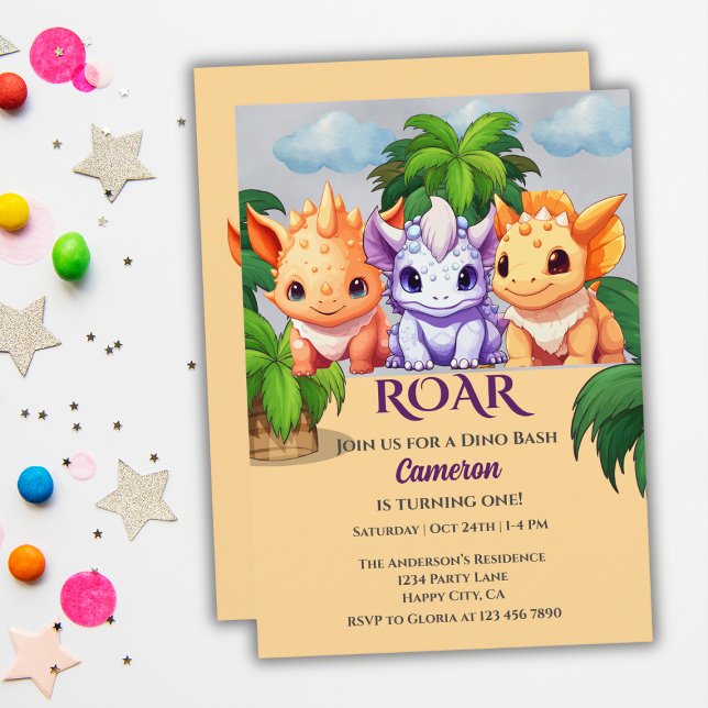 Invitation Cute Dinosaur Party a Dino Bash 1er anniversaire (Créateur téléchargé)