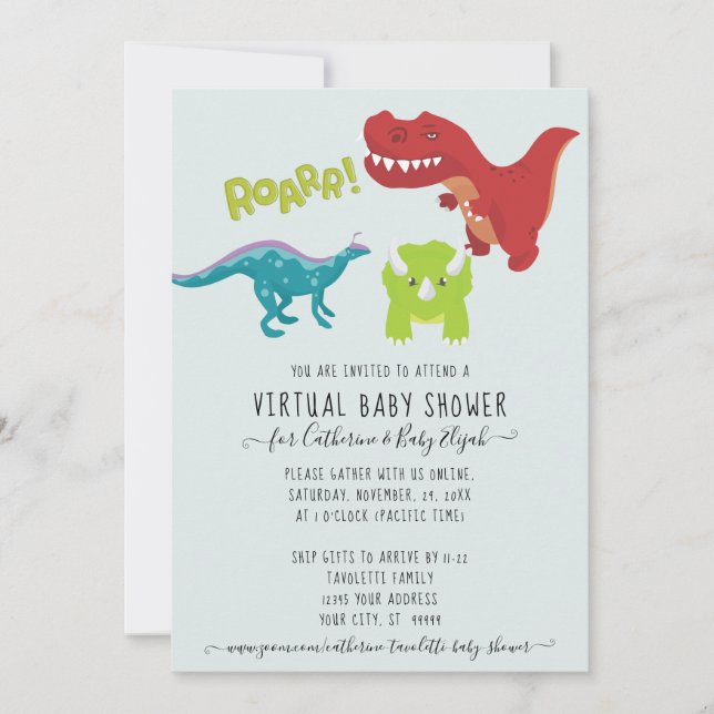 Invitation Cute Dinosaur ROAR Garçon bébé Douche virtuelle (Devant)