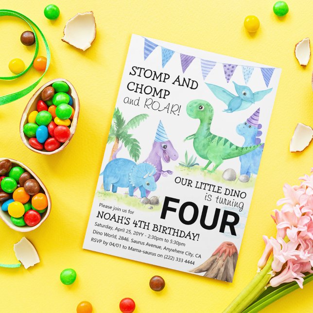 Invitation Cute Dinosaur Stomp, Chomp & Roar 4e anniversaire (Créateur téléchargé)