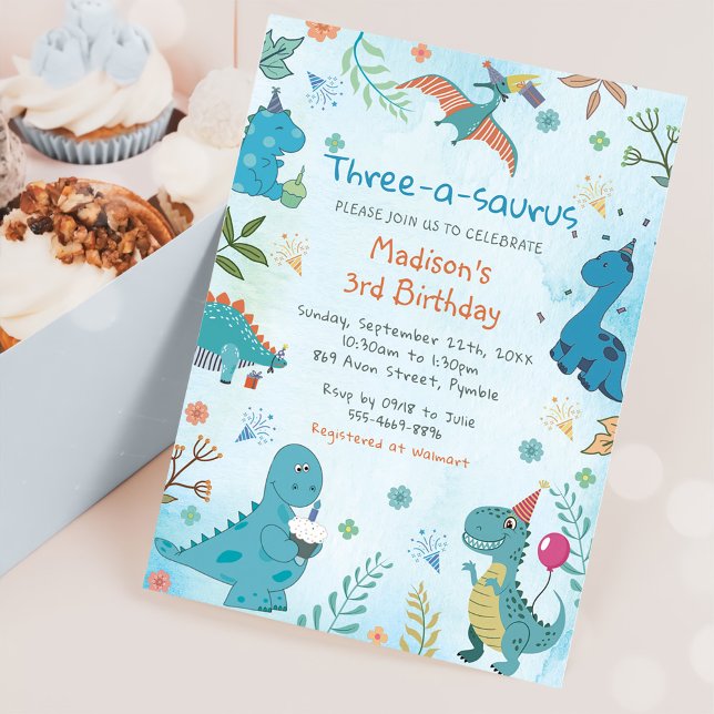Invitation Cute Dinosaur Trois-A-Saurus 3e anniversaire (Créateur téléchargé)