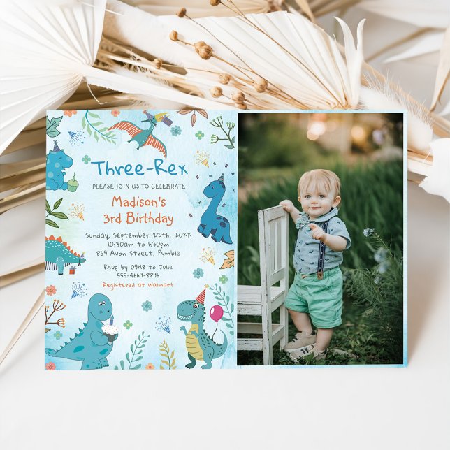 Invitation Cute Dinosaur Trois Rex 3e Anniversaire Photo (Créateur téléchargé)