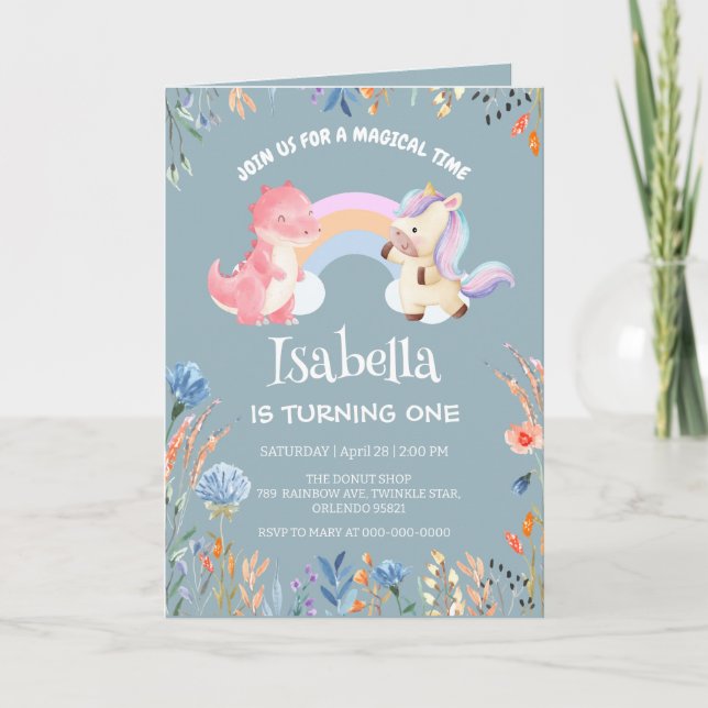 Invitation Cute Dinosaur Unicorn arc-en-ciel Nom d'anniversai (Devant)