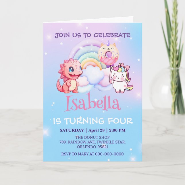 Invitation Cute Dinosaur Unicorn Rainbow ballon Anniversaire  (Devant)
