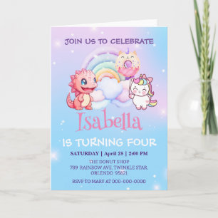 Invitation Cute Dinosaur Unicorn Rainbow ballon Anniversaire 