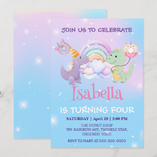 Invitation Cute Dinosaur Unicorn Rainbow ballon Anniversaire 