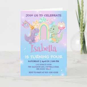Invitation Cute Dinosaur Unicorn Rainbow ballon Anniversaire 