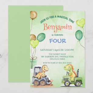 Invitation Cute dinosaure Excavateur tracteur ballon Annivers