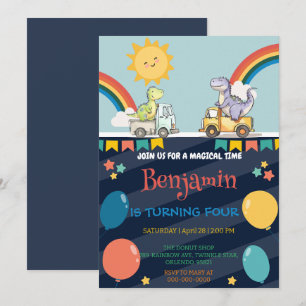 Invitation Cute dinosaures tracteur camion arc-en-ciel Annive