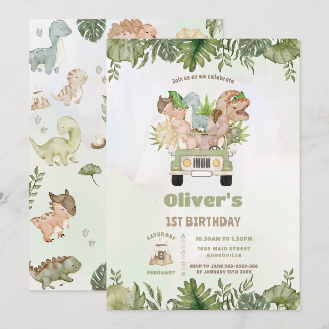 Invitation Cute Dinosaurs Safari voiture 1er 2e 3e anniversai (Devant / Derrière)