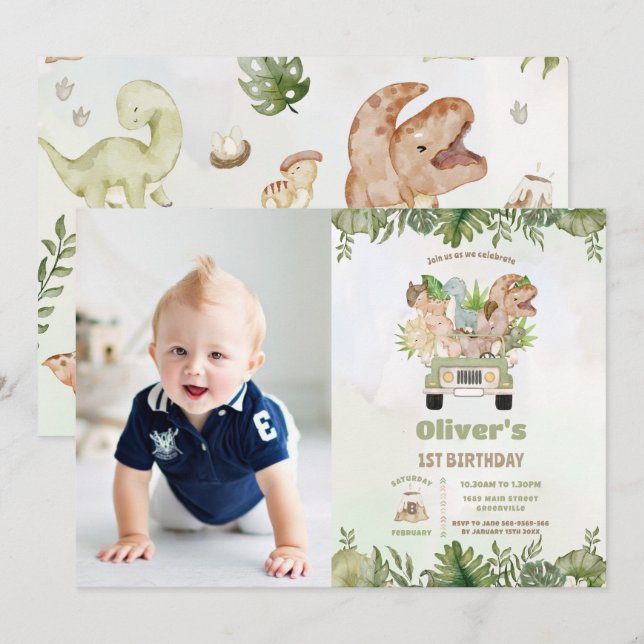 Invitation Cute Dinosaurs Safari voiture 1er 2e anniversaire  (Devant / Derrière)
