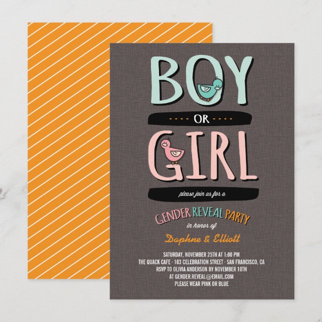 Invitation Cute Ducks Baby Boy ou Girl Gender Reveveight Part (Devant / Derrière)