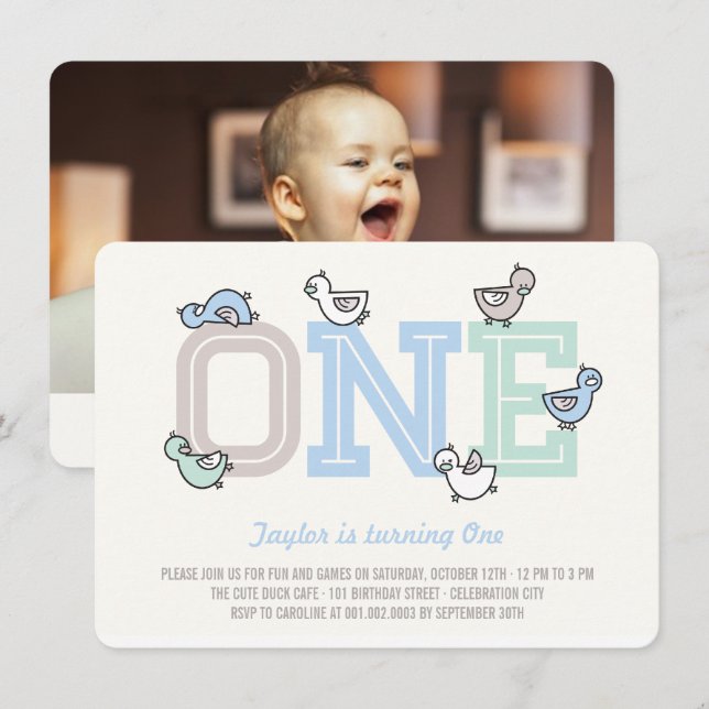 Invitation Cute Ducks Big One Boy 1er Birthday Party Invitati (Devant / Derrière)