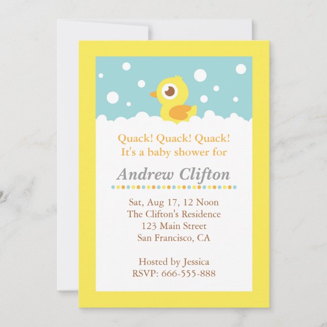 Invitation Cute Ducky avec Bubbles Baby shower Party (Devant)