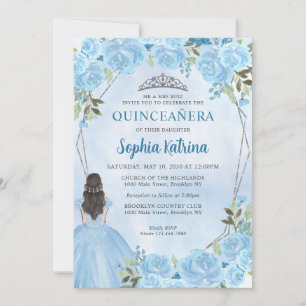 Invitation Cute Dusty Blue Silver Floral Princess Quinceañera