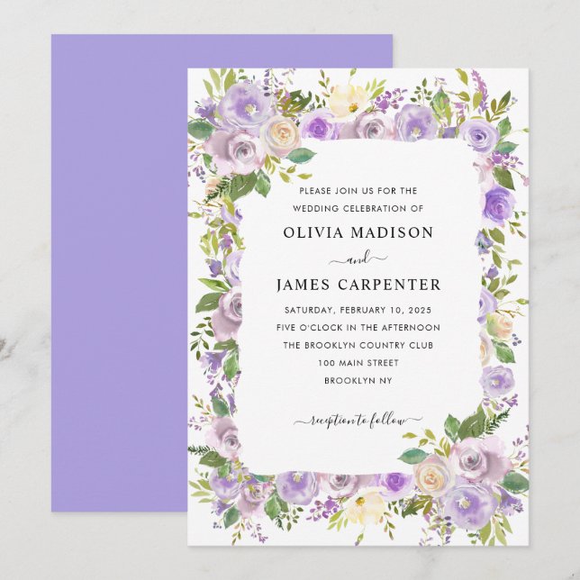 Invitation Cute Dusty Purple Lavande Verdure Floral Mariage (Devant / Derrière)