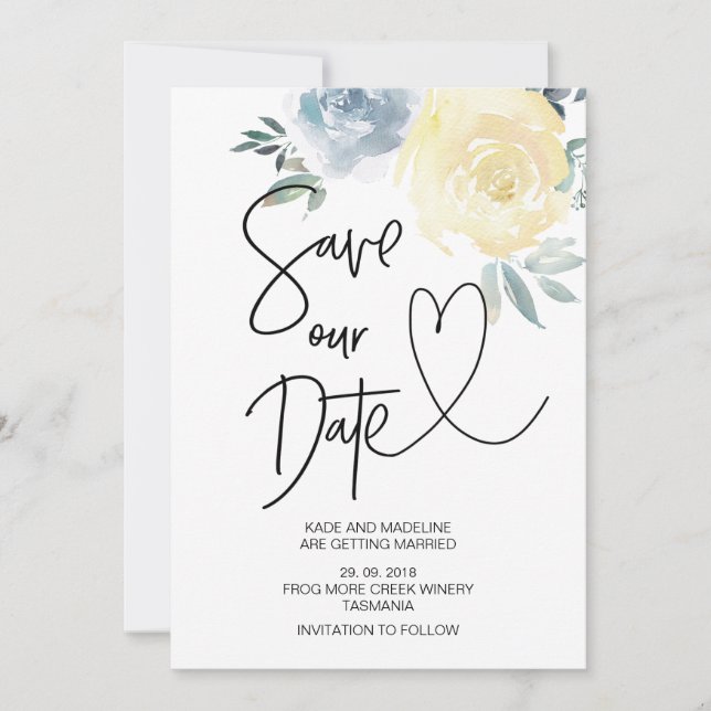Invitation Cute Économisez Notre Date Blue Cream Floral Maria (Devant)