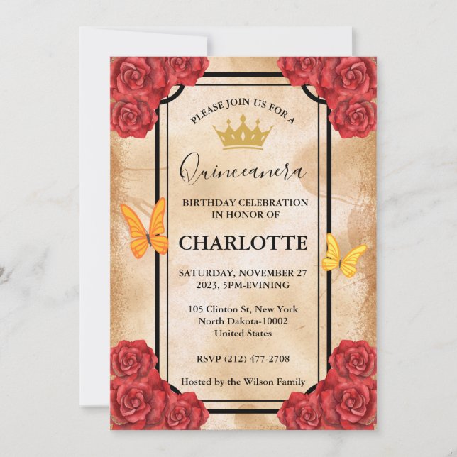 Invitation Cute Elégante Quinceanera Florale Pour Fille Anniv (Devant)
