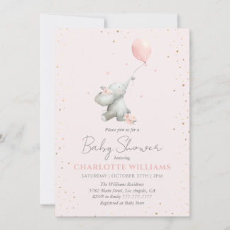 Invitation Cute Elephant Balloon Pink Gold Girl Baby Shower